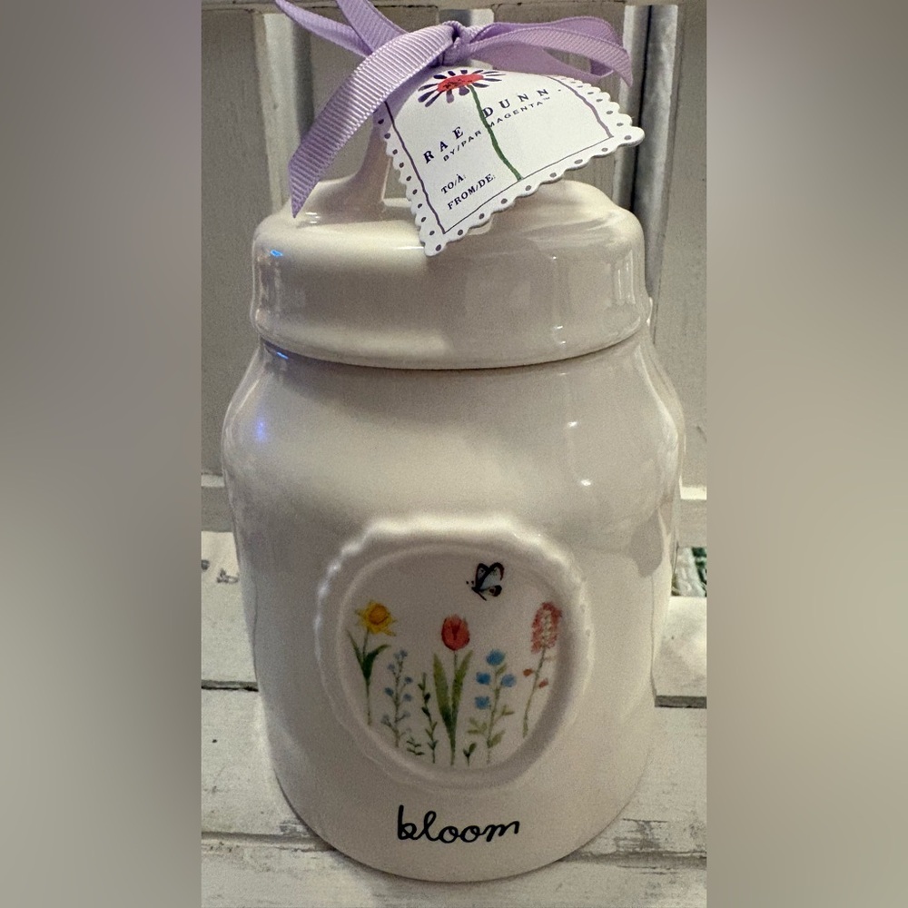 Rae Dunn White Floral Ceramic Jar with Purple Ribbon